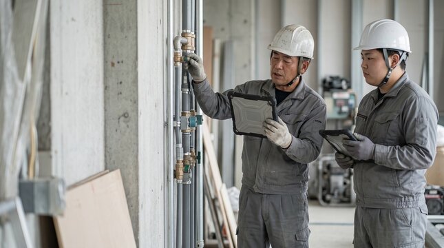 建設現場で配管のバルブに触れながらOJT教育と設備点検を行う現場監督
