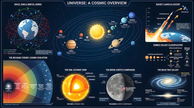 Universe a Cosmic Overview Infographic Detailing Solar System Galaxies Big Bang Theory and Space Exploration