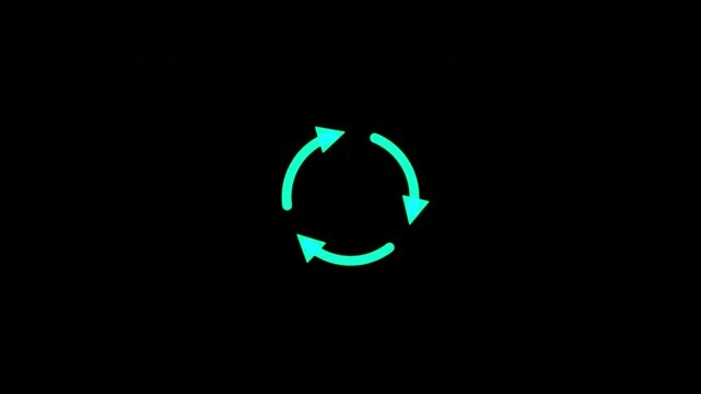 Vibrant emerald green 2D motion graphic icon of circular arrows, a clean flat vector symbol of recycling and sustainability, on a solid black background.