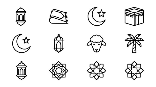 Islamic Icons Set: Ramadan Lantern, Prayer Mat, Crescent Moon, Kaaba, Sheep, Palm Tree
