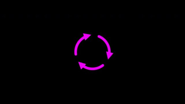 Animated 2D solid magenta circular recycling arrow icon. A clean, modern flat symbol of environmental sustainability in continuous rotation, vividly isolated on a deep black background.