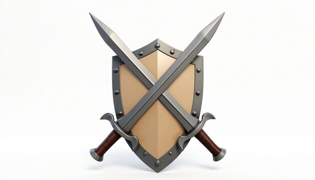 Medieval shield with crossed swords rendered realistically. Metal weapons and armor symbol of battle and protection. Isolated on white background for design.