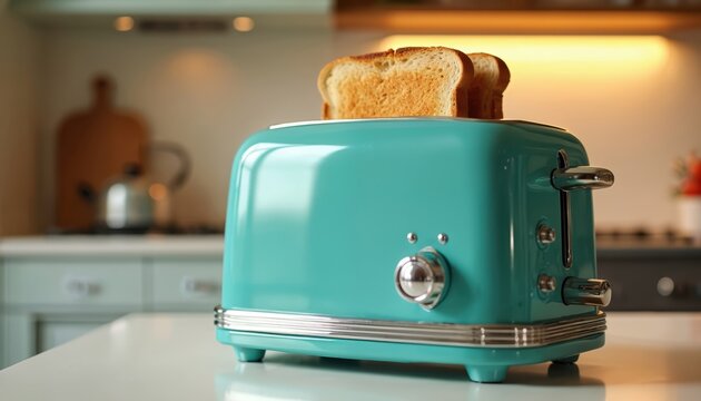 Turquoise retro toaster makes golden toast on clean kitchen counter. Warm light shines on appliance for breakfast. Old style gadget offers fresh bread slices.