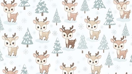 Fototapeta premium Charming Kawaii Deer in a Winter Wonderland Forest with Snowflakes and Stars - Seamless Repeating Pattern Design