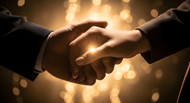 A close-up shot of two hands shaking in agreement, symbolizing a successful partnership and mutual trust in a business context with a bokeh background
