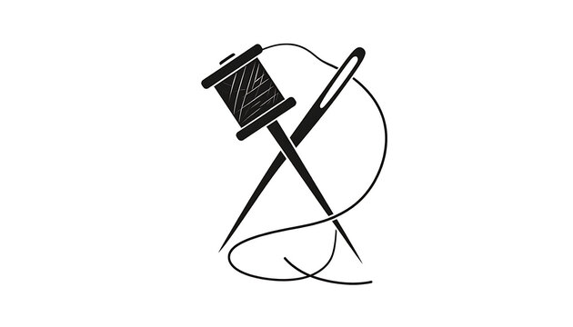 Sewing needle and thread spool crossed, simple black and white icon representing tailoring and craft
