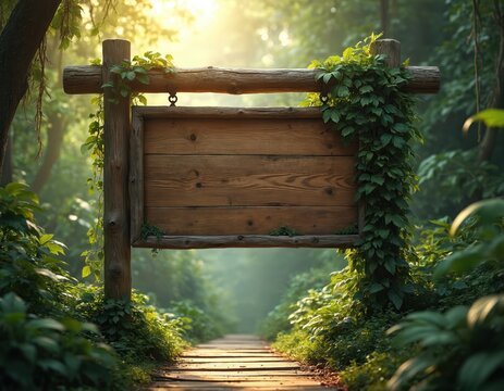 Wooden signboard hangs in lush green forest over path. Textured planks invite messages. Vines climb rustic frame. Sun shines through trees, casting warm light.