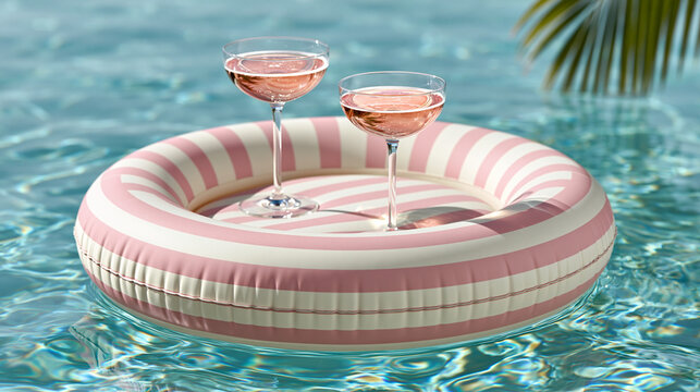 Inflatable pool float with two glasses of pink champagne in water  