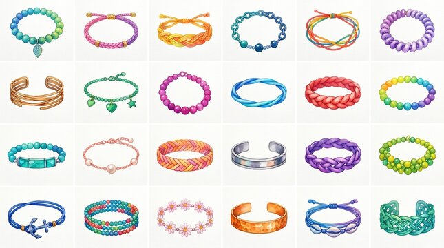 Watercolor colorful bracelets and bangles jewelry icon set