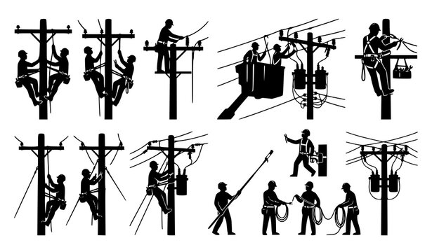 Electric Lineman Silhouette Vector Collection with Power Line and Utility Pole Work Illustration