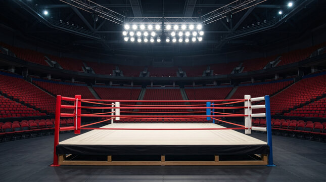 Empty professional boxing ring in large dark arena with red seating rows and bright overhead stadium lights ready for match championship competition in indoor sports venue facility.