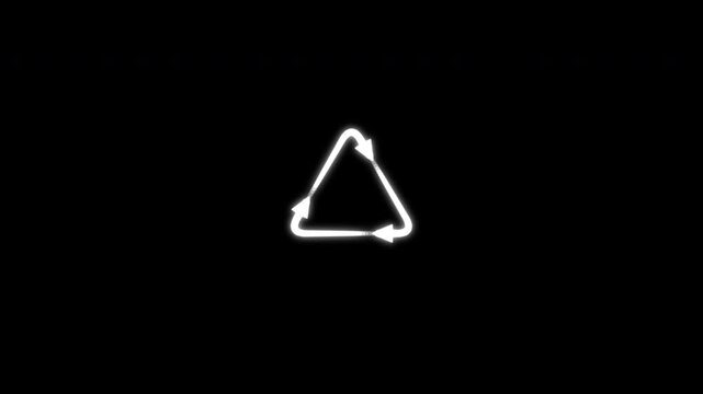 Animated classic white Mobius loop recycling symbol, a clean 2D flat motion graphic rotating on a stark solid black background. Dynamic eco-sustainability cycle.