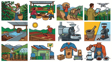 Obraz premium Modern Coffee Farming and Production Vector Set – Farmers Harvesting and Processing Coffee Beans Flat Illustration with Bold Outline