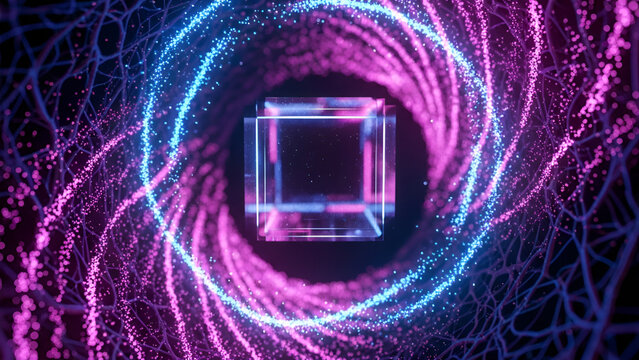 Abstract Geometric Cube with Swirling Energy Particles