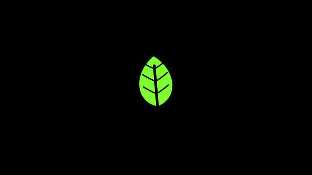Vibrant spring green flat 2D eco leaf icon breathing animation, symbolizing sustainability and recycling, presented on a solid black background.
