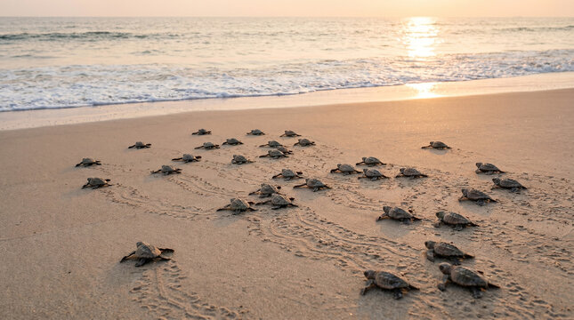 Newborn sea turtle hatchlings crawling on sandy beach towards ocean at sunset for nature conservation concept and marine wildlife survival journey in coastal environment background view.