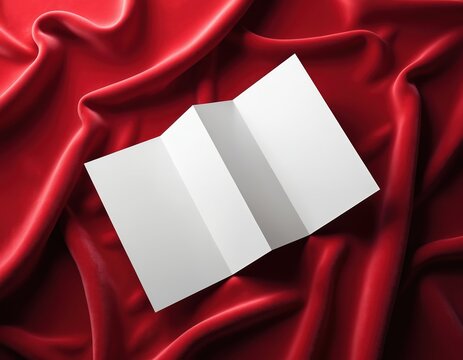 Blank trifold brochure mockup rests on plush red velvet fabric. Use this elegant template for design presentations, corporate branding, or promotional flyers.