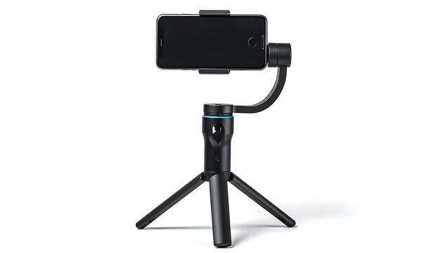 Smartphone mounted on a portable tripod gimbal stabilizer for smooth video recording, isolated on white background