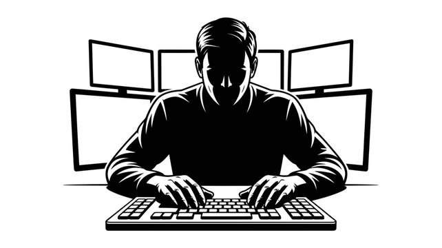 Black and white illustration of a man sitting at a computer with multiple monitors