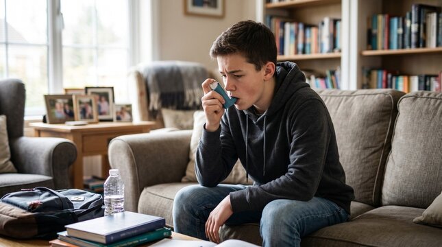 Teenage boy using inhaler during breathing difficulty at home