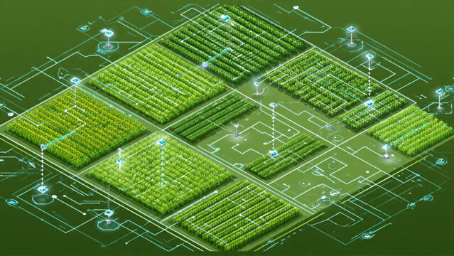 Futuristic agricultural scene with green crop fields and digital blueprint elements in neon style for sustainable farming illustration