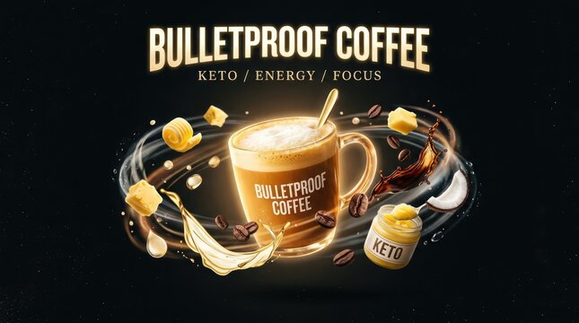 Delicious Bulletproof Coffee with Keto Ingredients on Dark Background.