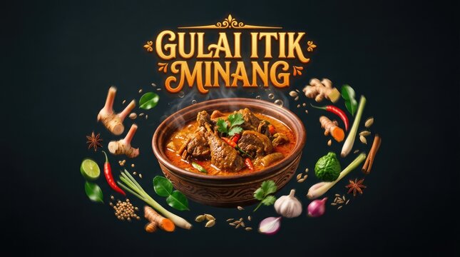 Delicious Gula Itik Minang Dish with Fresh Herbs and Spices, Dark Background.