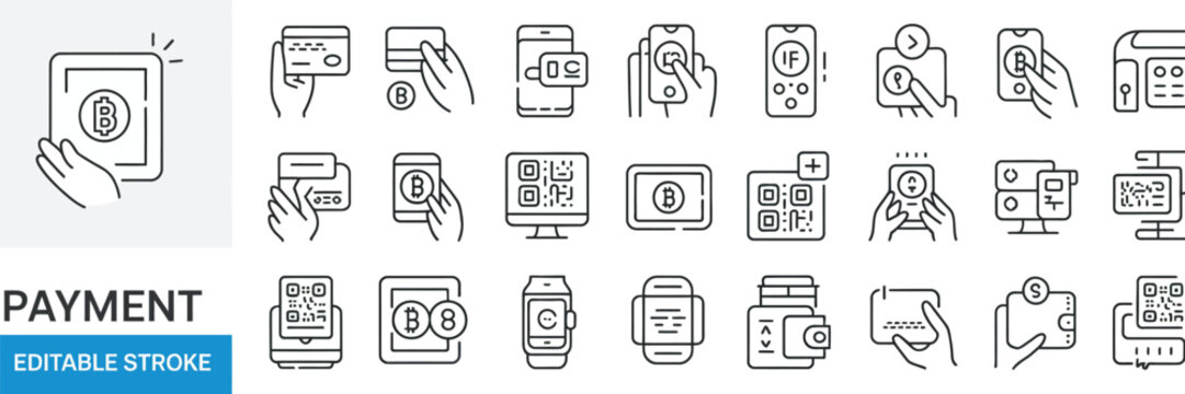 Comprehensive set of cryptocurrency and digital payment line icons with editable stroke