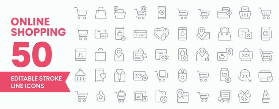 Fifty online shopping line icons with editable stroke for modern digital platforms
