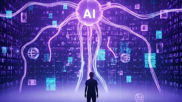 Human Silhouette Confronts Vast AI Brain Network