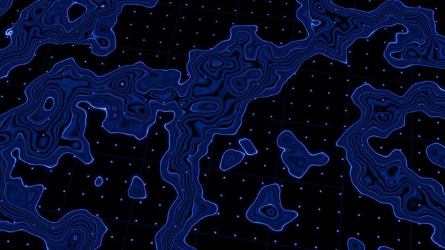 Blue Contour Map Pattern Moving Across Dark Digital Background
