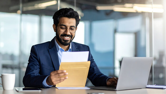 Smiling businessman in dark suit reviewing documents at desk with laptop, office setting, warm natural light