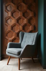 Obraz premium Vintage armchair sits against geometric wood paneling. Mid century furniture in room with teal wall. Retro interior design element, comfort and style in living space.