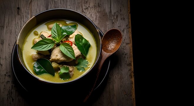 A steaming bowl of Thai green curry with chicken, basil leaves, and spices on a wooden table, served with a wooden spoon.