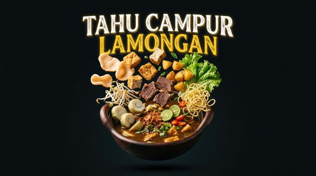 Delicious Indonesian Tahu Campur Lamongan Dish in a Dark Setting.