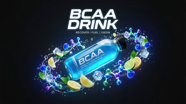 Refreshing BCAA Drink with Lemon and Ice on Dark Background.