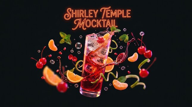 Delicious Shirley Temple Mocktail with Fresh Fruit Garnishes on Black Background.