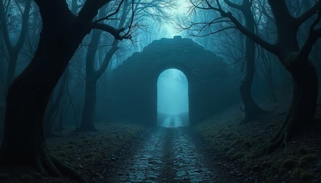Stone archway opens to path in dark misty forest. Bare trees create eerie atmosphere. Faint light glows beyond stone structure, leading into unknown.