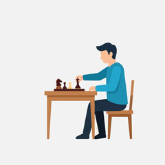 Fototapeta premium Man playing chess on wooden table, strategic thinking and logic board game illustration