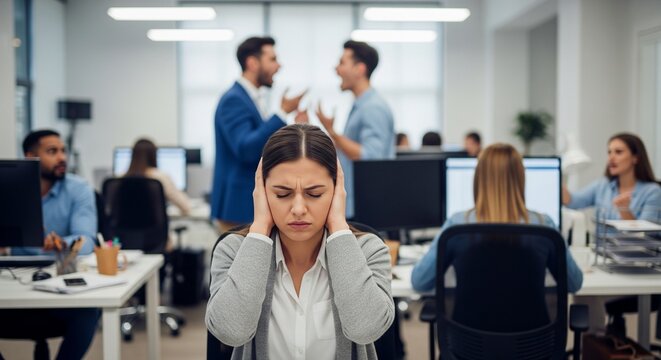 Stressed young female employee covering her ears to escape the loud argument between male colleagues in a busy open-plan office environment