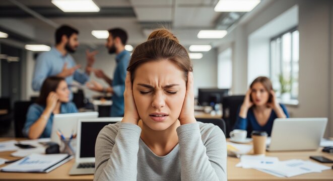 Young professional struggles with intense workplace stress and distraction caused by arguments and constant noise in a busy corporate setting