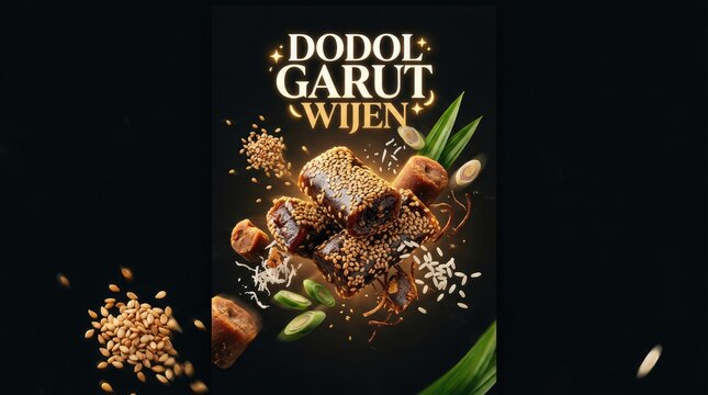 Delicious Dodol Garut Wijen with Sesame Seeds and Pandan Leaves on Black Background.