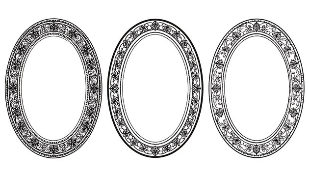 three ornamental oval frames with abstract patterns, decorative borders, vintage design elements