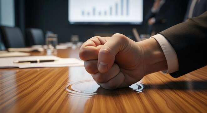 A forceful fist slams down on a polished wooden conference table in a tense business meeting, conveying strong resolve, frustration, or a pivotal moment of assertive decision-making