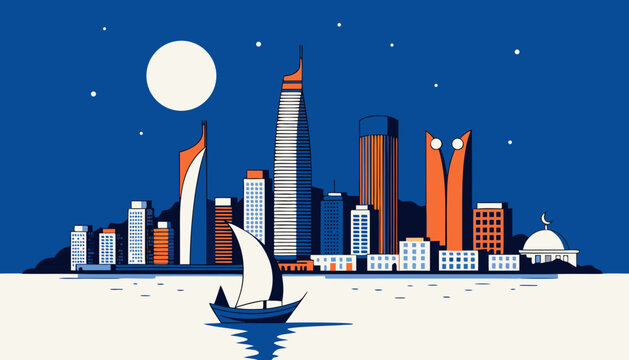 Abu dhabi skyline at night with traditional dhow sailing boat