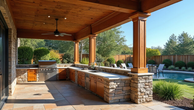Outdoor kitchen with stone walls wood ceiling and patio furniture. Grill sink and cabinets are built into counter. Pool and yard visible in background. Sunny day.