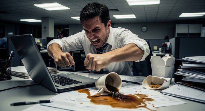 An overwhelmed office professional's intense frustration culminates in a chaotic coffee spill on his laptop, vividly portraying workplace stress and a moment of complete breakdown