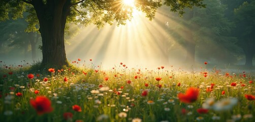 Obraz premium Sunbeams pierce foggy forest illuminating red poppies and white daisies in sunlit meadow. Rich green grass and large trees create tranquil natural scene. Peaceful dawn light filters through leaves.