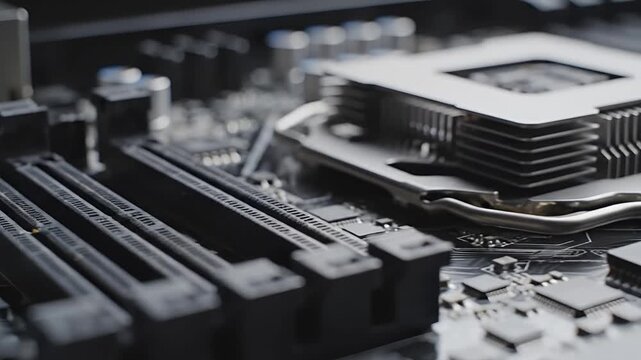 Closeup of Computer Motherboard Components and Slots.