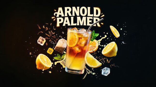 Refreshing Arnold Palmer Drink with Lemon Slices and Ice Cubes on Black Background.